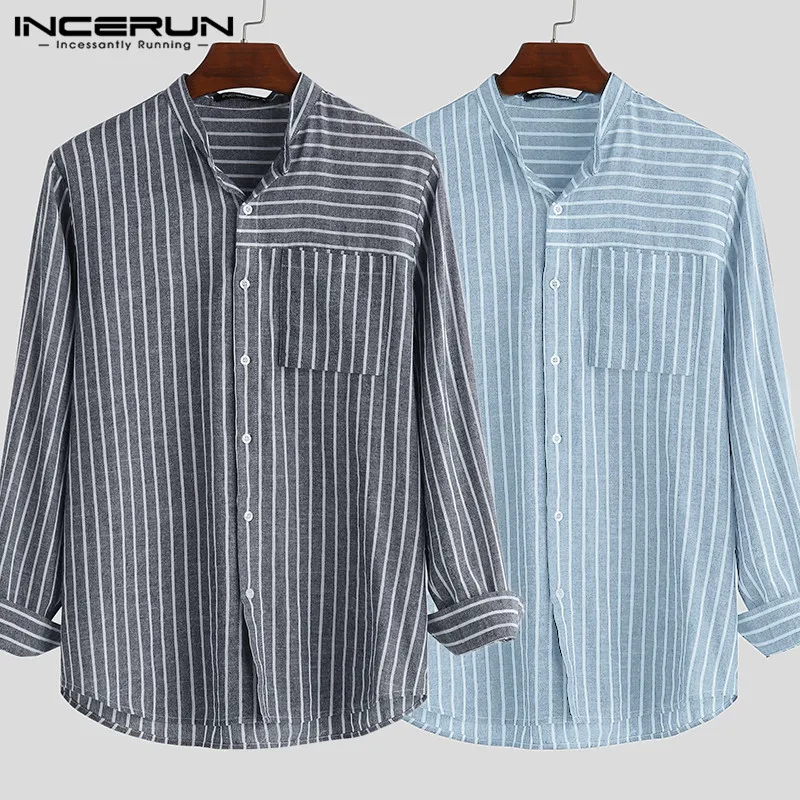 INCERUN 2019 Льняная мужская рубашка с длинными рукавами, свободная полосатая рубашка с карманом, модная новая рубашка, Повседневная, маленькая