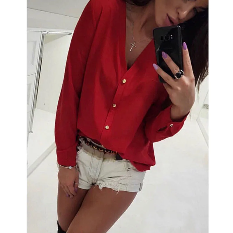  Women Clothing Summer Long Sleeve Sexy V Neck Chiffons Shirt Office Ladies New Loose Solid Buttons 