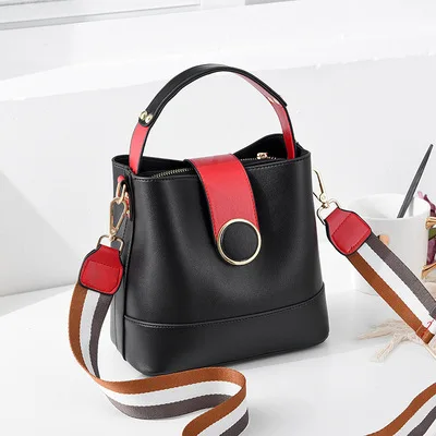  Striped Wide Shoulder Strap Women Bucket Bag Solid Color Buckle Handbag Fashion Simple Shoulder Bag - 33011905054