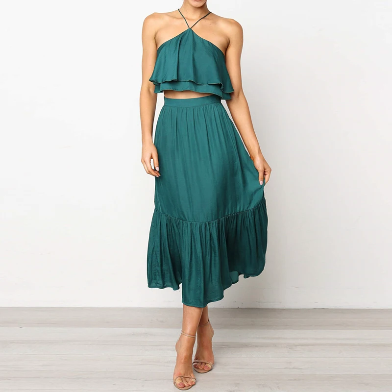 Black Green Halter Neck Crop Tops A-Line Skirt Suit Set Two Piece Set Lady Elegant Skirt Set Sexy Woman Beach Dress Boho Suit