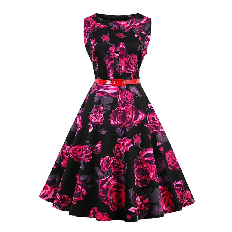 Kostlich 2018 Belt Tunic Women Summer Dress Sleeveless O-Neck Hepburn 50s 60s Vintage Dress Print Elegant Party Dresses Sundress (9)