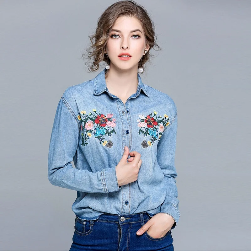 Denim shirt female floral embroidered blouse TA1021-in Blouses & Shirts ...