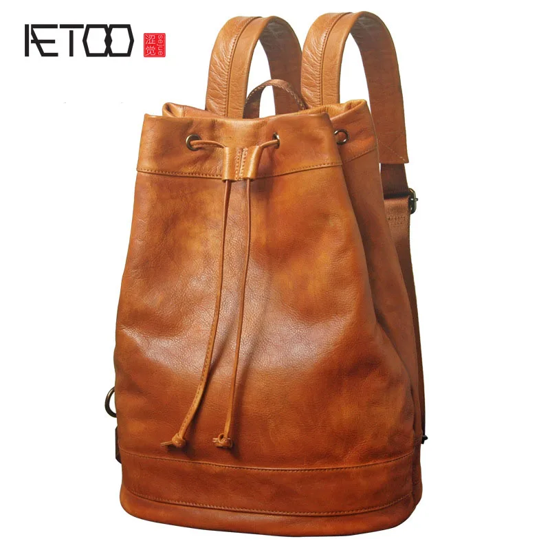 

BJYL Leather shoulder bag men bag retro first layer leather leisure bag fashion trend travel backpack