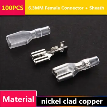 

100PCS/LOT T027 Crimp Terminal 6.3MM Male/Female Connecting terminal + Sheath splice pressed terminals nickel clad copper