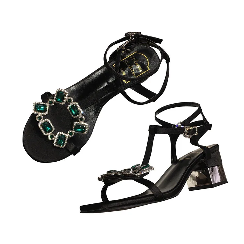 

Hersevll Summer 2019 New Women's Sandals Gemstone Diamond Square Buckle Toe Thick Heel with Sandals Female Fashion Roman Shoes