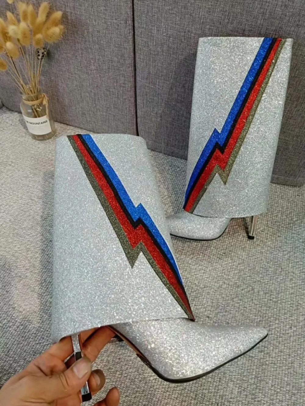 Cuero Colorido Pie Nueva Plata Manera Sequin De Tacón La Botas Mujer Reales Dedo Metal Relámpago Del Fotos Puntiagudo Polvo O0IwA