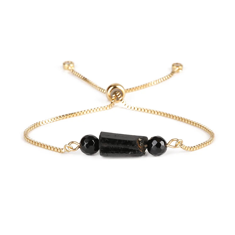 

Natural Rough Black Tourmaline Mineral Precious Healing Stone & Faceted Onyx Bead Stone Link Adjustable Bracelets for Women Man