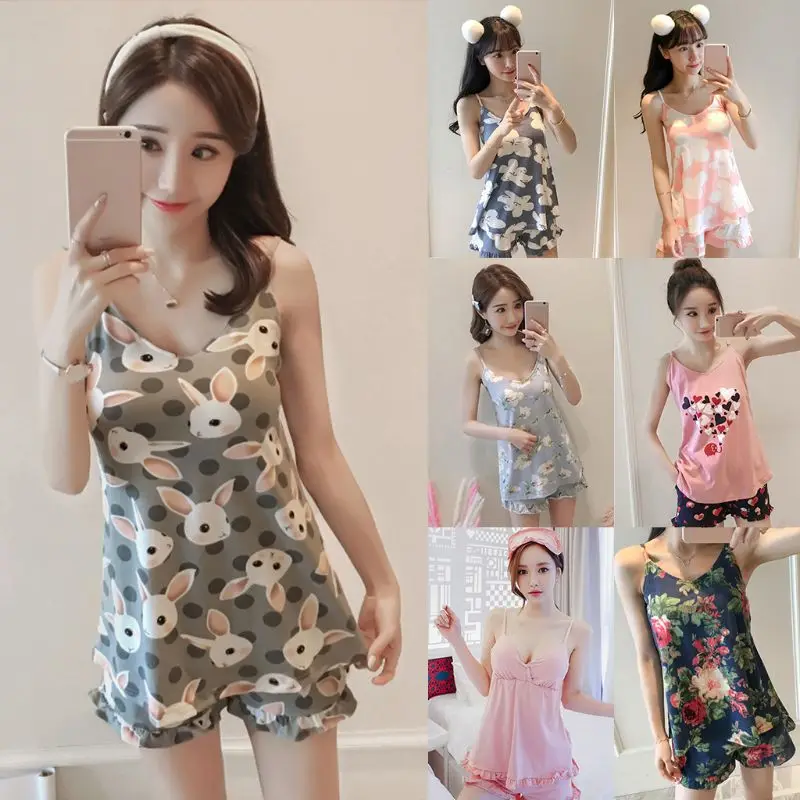 

Women Girls Summer Pajamas Set V-Neck Padded Camisole Ruffles Shorts Sleepwear Cute Rabbit Love Heart Floral Sling Loungewear
