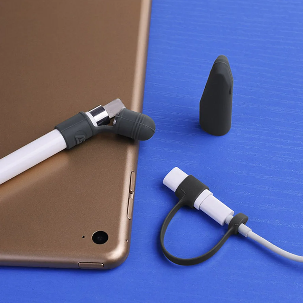 3 Pieces Silicone Protector for Apple Pencil Cap Cover Holder Charger Cable Gray