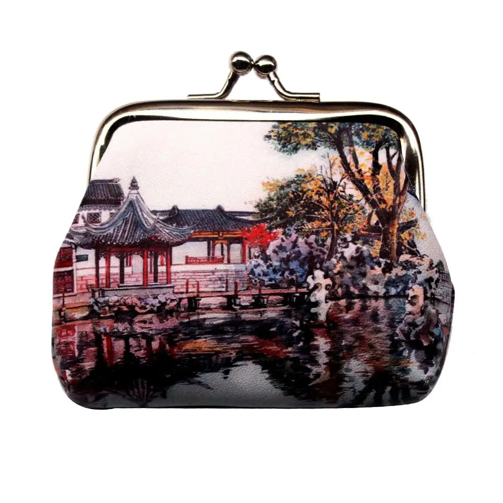 

Old Town Print Women Leather Kiss Lock Coin Purse Cash Keys Holder Wallet