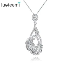 LUOTEEMI White Gold Plated Sparking Pure Cubic Zircon Flower Shaped Statement Pendant Necklace For Women Birthday Gift Bijoux