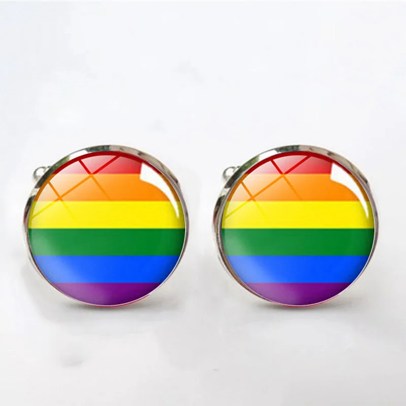 

Gay Pride Colorful Rainbow Flag Shirt Cufflinks LGBT Flag for Lesbian Crystal Glass Cabochon Wedding Cufflinks for Men Jewelry