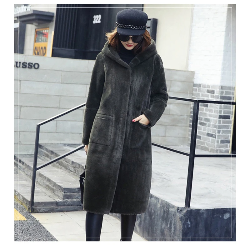 Высокое качество, женская зимняя куртка из овечьей кожи, кашемировая куртка с капюшоном, пальто с обеих сторон, верхняя одежда размера плюс QH1079