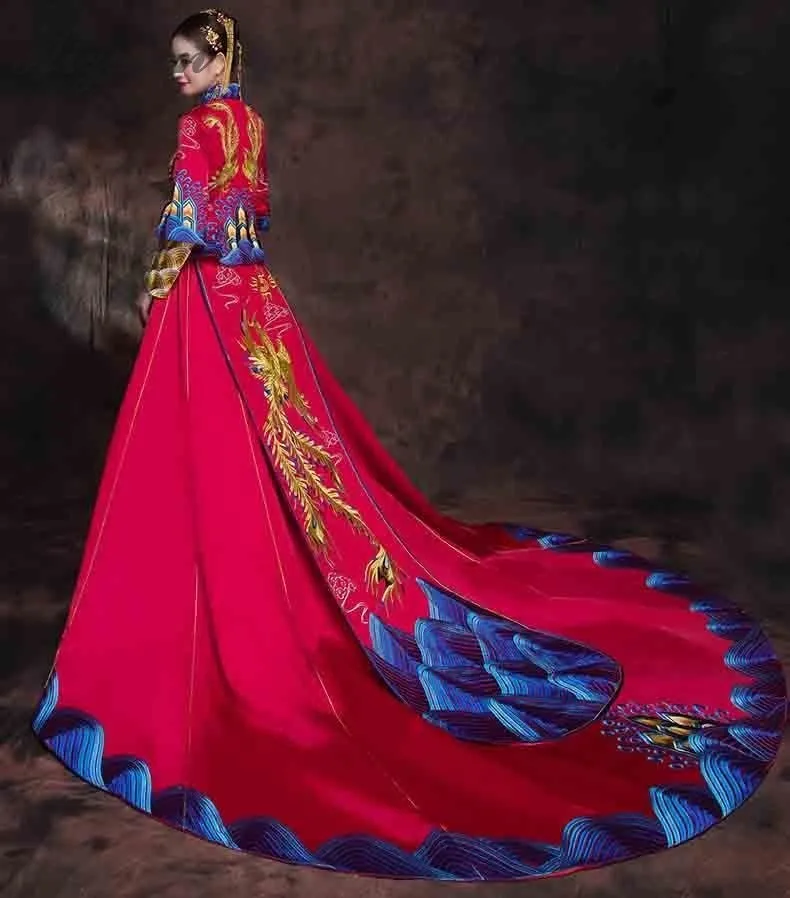 Невесты красный китайский традиционный свадебный платье Чонсам Дракон костюм Феникса шлейф платья длинный Qi Pao китайский халат Ципао