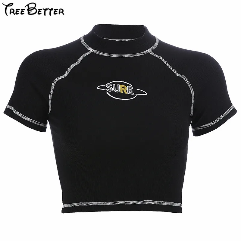 

Letter Print Black Casual Bright Line Embroidery T-shirt Women Short Tops Tee