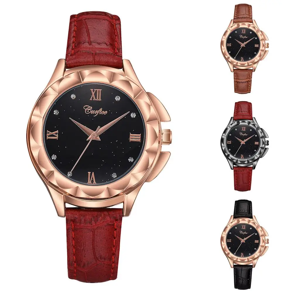 

Fashion Round Starry Rhinestone Dial Metal Faux Leather Band Women Analog Quartz Wrist Watch wrist