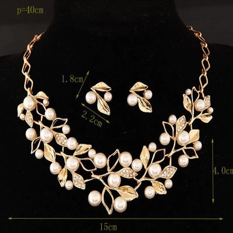 

Hot Imitation Pearl Wedding Dress Jewelry Suit Wedding Jewelry leaf Crystal Gold And Silver Plated Necklace Earrings Suit