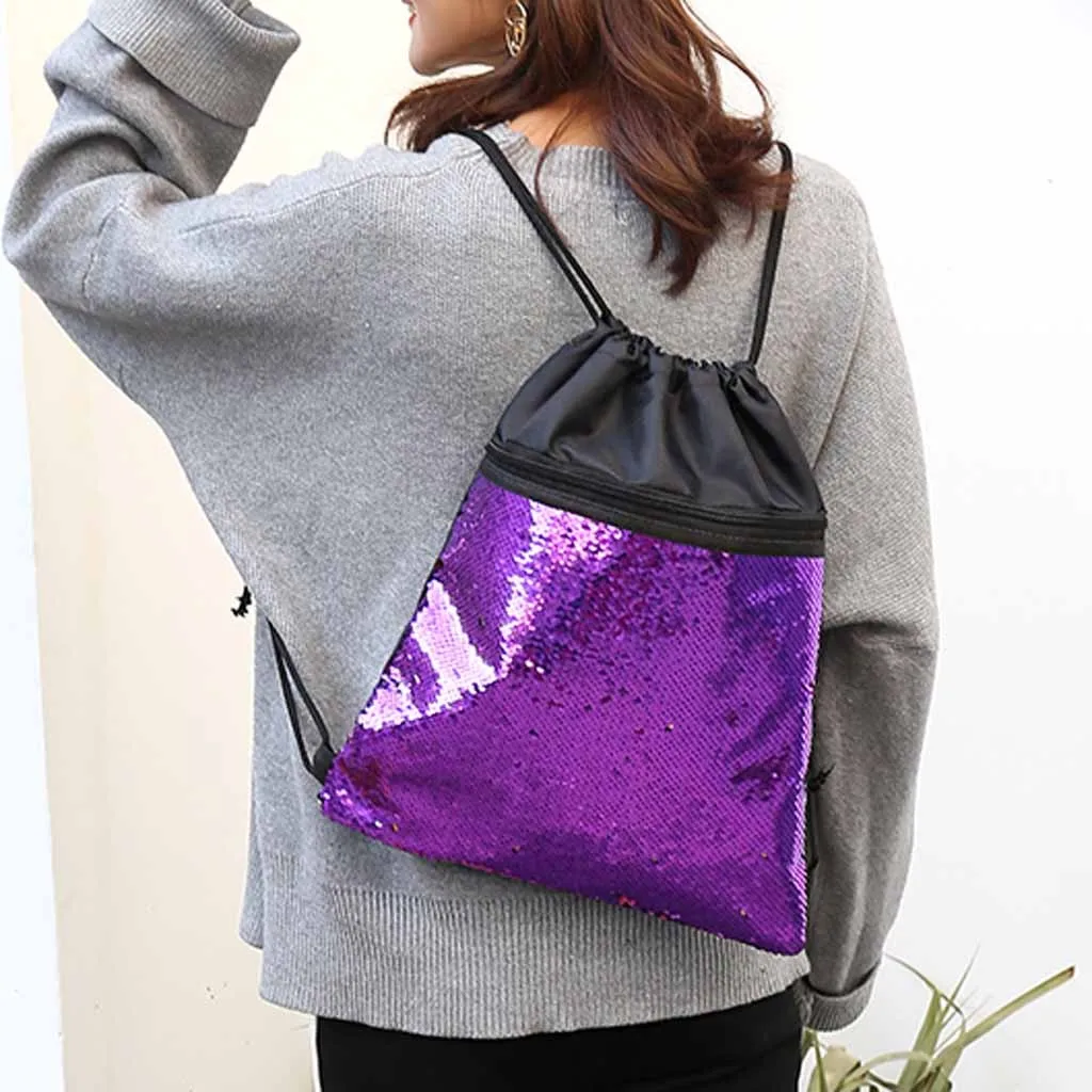 Unisex Beach Bag Outdoor Fitness Bag Sequins Bunch Pocket Female Drawstring Backpack Mochilas De Lantejoulas Sequin Backpacks#