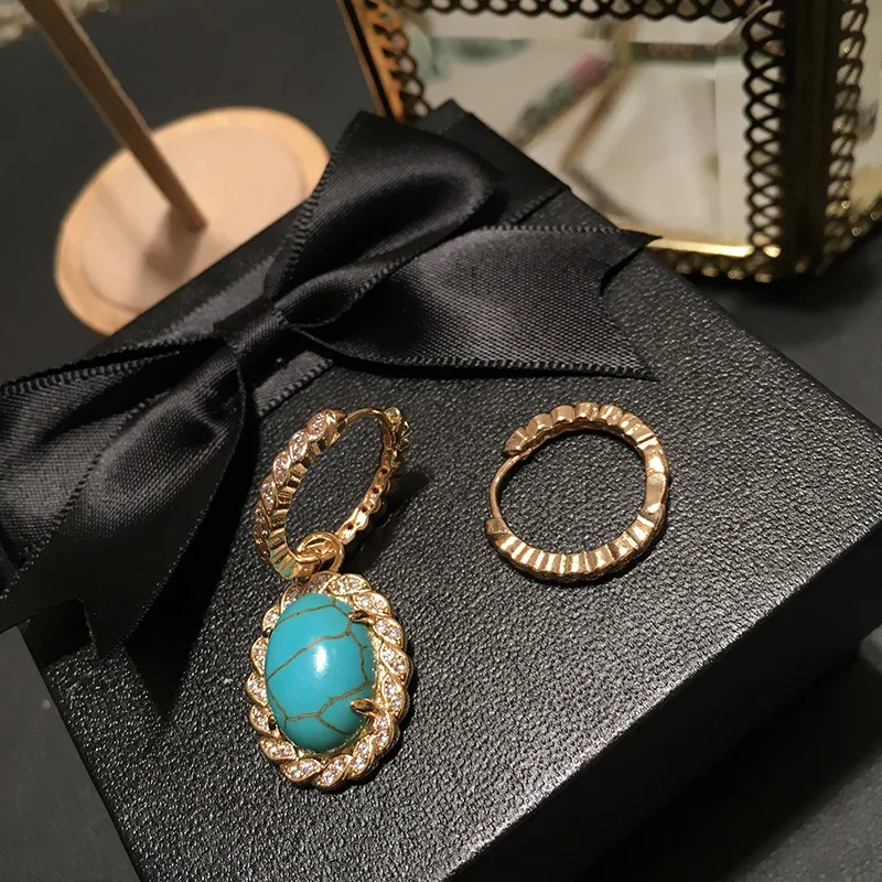 

1 Pair Micro Paved AAA Cubic Zirconia Turquoises Drop Earrings Girls Cute Romantic Asymmetry Earring for Women Fashion Jewelry
