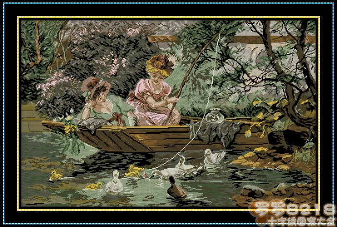 CS-1235 cross stitch kit fishing, girls sisters fishing in the boat duck.jpg