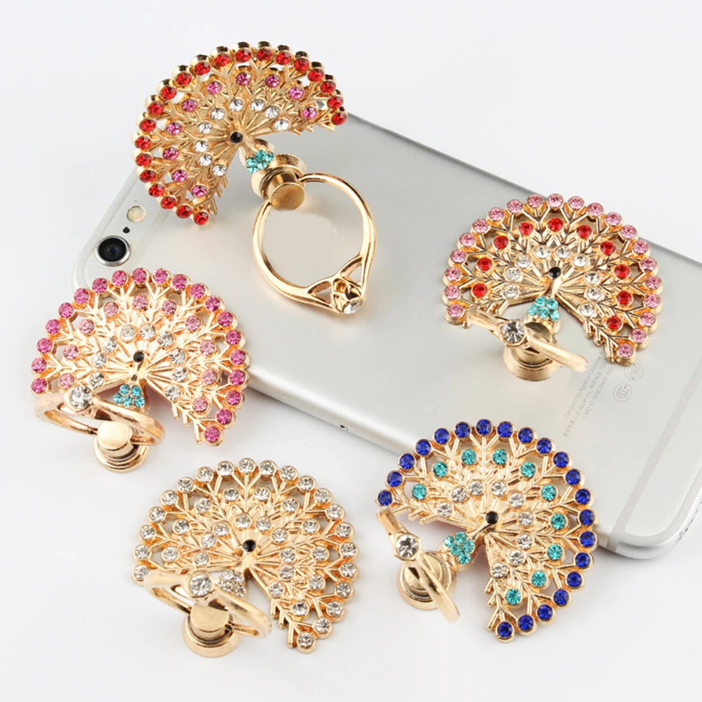 

Open Peacock Stand Animal Metal Rhinestones Ring Frame Bracket Mobile Phone Support Holders Accessories