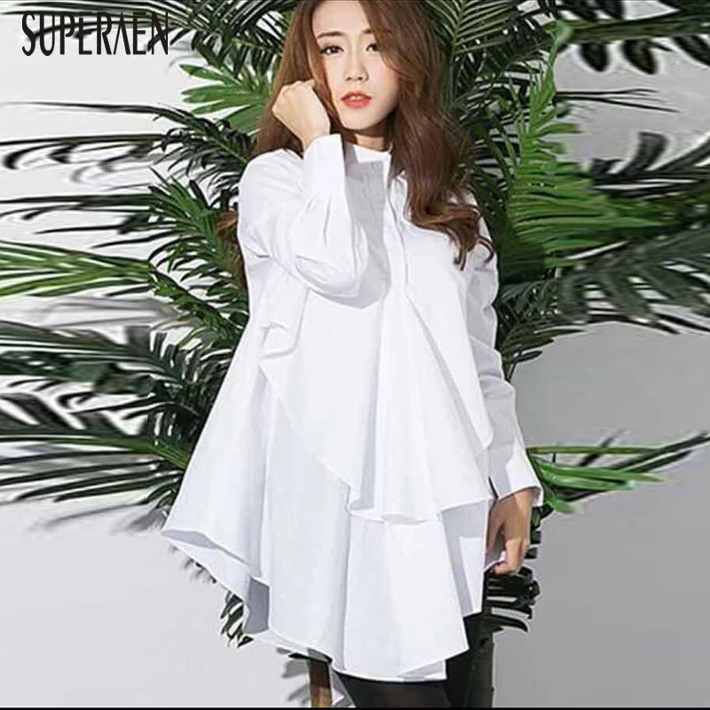 

SuperAen New Shirts Female Cotton Long-sleeved Solid Color Korean Style Wild Loose Pluz Size Blouse and Tops Women 2018 Spring