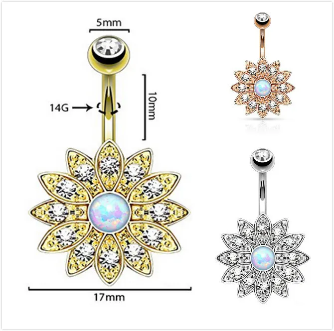 

Hot boutique rose gold Color gem Opal navel ring Paved Crystal petal Austria Flower Belly Bar Ring With Synthectic Opal Centre
