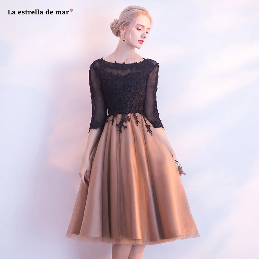 Black Gold Stitching Cocktail Dress Tea Length Prom Gown with Cocktail Scoop Collar Halter and Lace Half Sleeves image 3