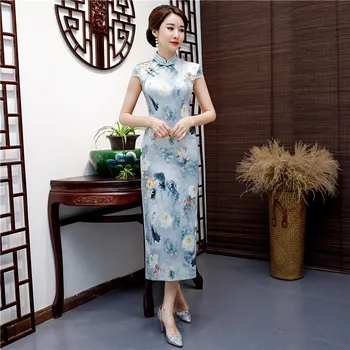 

Spring New Elegant Female Qipao Satin Oriental Chinese Dress Evening Slim Cheongsam Floral Long Vestido Size M-3XL W030616