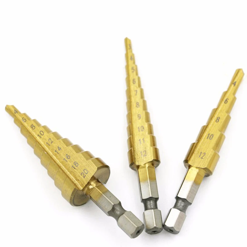 QUK Step Drill Bits Set 3-12mm 4-12mm 4-20mm 3pcsset Titanium HSS High Speed Wood Metal Drilling Power Tool Accessories3