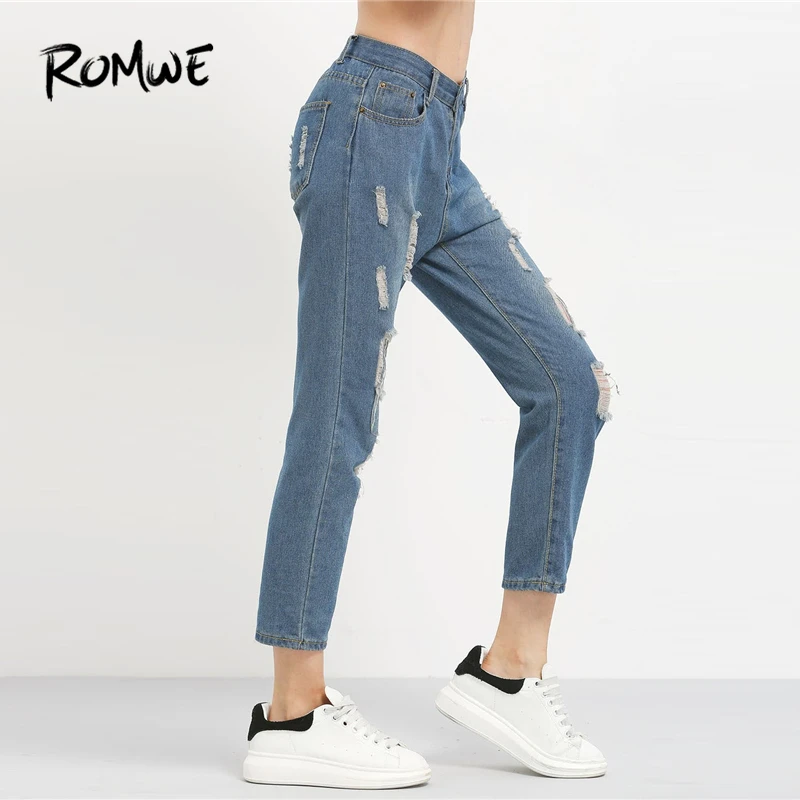 ROMWE Blue Ripped Distressed Boyfriend Ankle Denim Jeans Women Casual Summer Autumn Plain Straight Leg Pants Spring Trousers