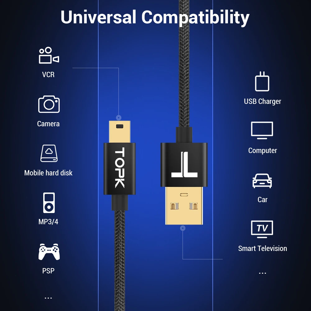 TOPK мини USB кабель для быстрой синхронизации данных зарядный сотового телефона