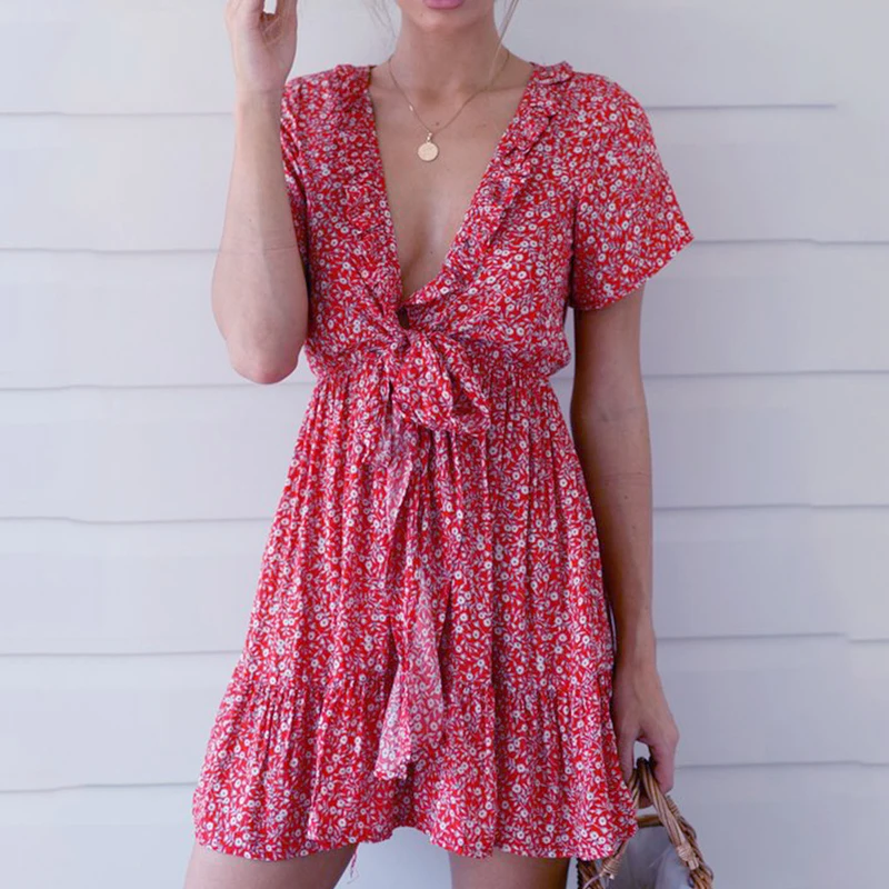 

Summer party dress robe femme 2019 Women Printed deep V lace up vestidos dress Floral printed boho retro beach dresses female