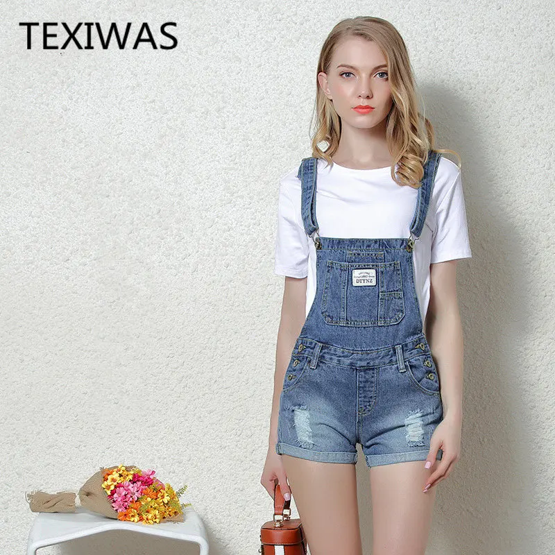 

TEXIWAS Plus Size Holes jeans Overalls Women Denim Playsuit Straps Shorts Romper Casual Overalls Shorts lady Playsuit Female