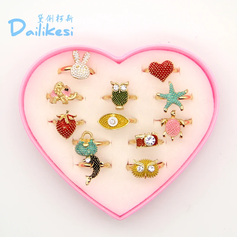 

Box of 12pcs Mix Wholesale Lot Cartoon Crystal Rings for Kids Girl Boy Mix Styles Colorful Crystal Gold Ring Cartoon Party anel