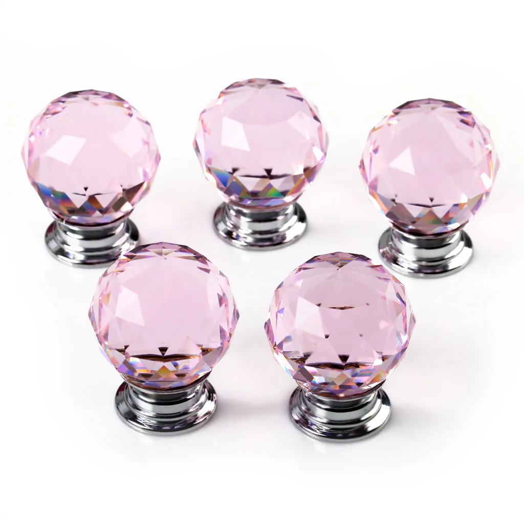 5 X LS A010 30MM Pink Clear Crystal Glass Diamond Cut Door Knobs