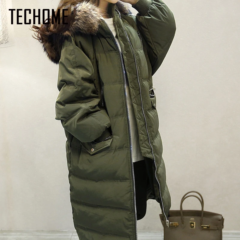 New Fashion Winter Coat Women Down Jacket Hooded Fur Collar Loose Women Parkas Zipper Ladies Outwear Parkas Long Down Jacket