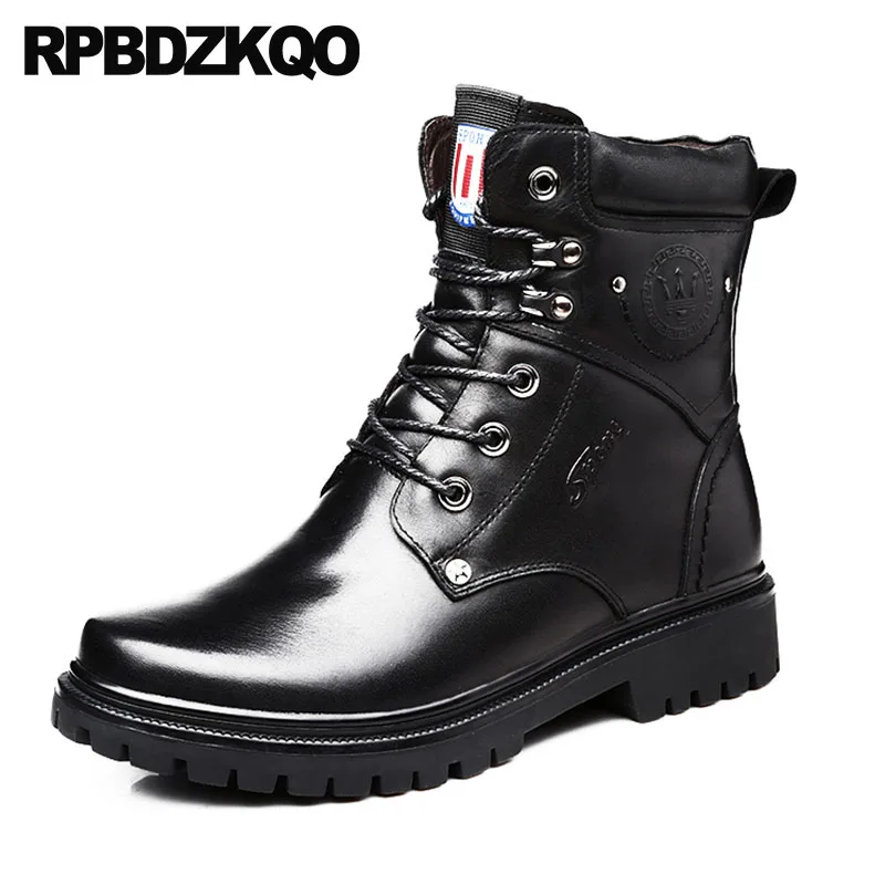 

Genuine Leather Designer Full Grain Boots Faux Fur Plus Size Military Runway Black Shoes Combat Ankle Army Lace Up Men Winter