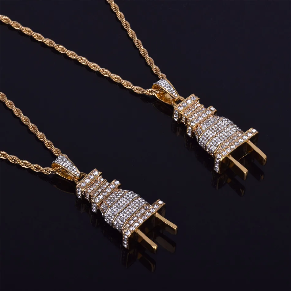 Для Мужчин's со Льдом Bling штекер ожерелье, подвеска из золота цвет серебра талисман микро проложить кольцо со стразами в стиле «хип-хоп» ювелирные изделия