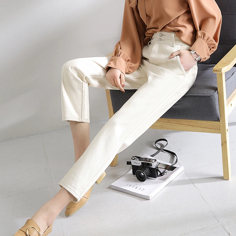 

High quality Autumn Women High Waist Denim harem Pants Casual Pockets Button good quality Loose Female denim Trousers good Jeans