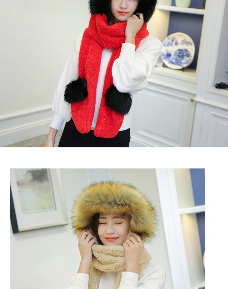 New Korean Version Of The Bib Hat Thick Warm Scarf Hat Gloves Three Pieces One Large Fur Collar Three-Piece Set For Women SN53 (8)
