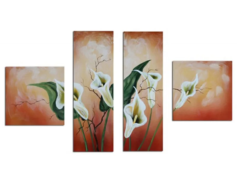

Large 4 Panel Pictures Modern Wall Canvas Art Handpainted Abstract White Lily Flower Oil Painting Handmade Floral Paintings Sets