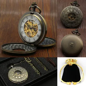 

Vintage Antique Roman Numbers Mechanical Hand Wind Pocket Watch Set For Men Women Gift With Pocket Box Bag & Pocket Chain Belt