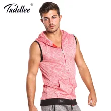 Taddlee бренд Топ с капюшоном хлопок мужские без рукавов молния красный плотный жилет Тренажерный зал Активные футболки толстовки фитнес стрейч