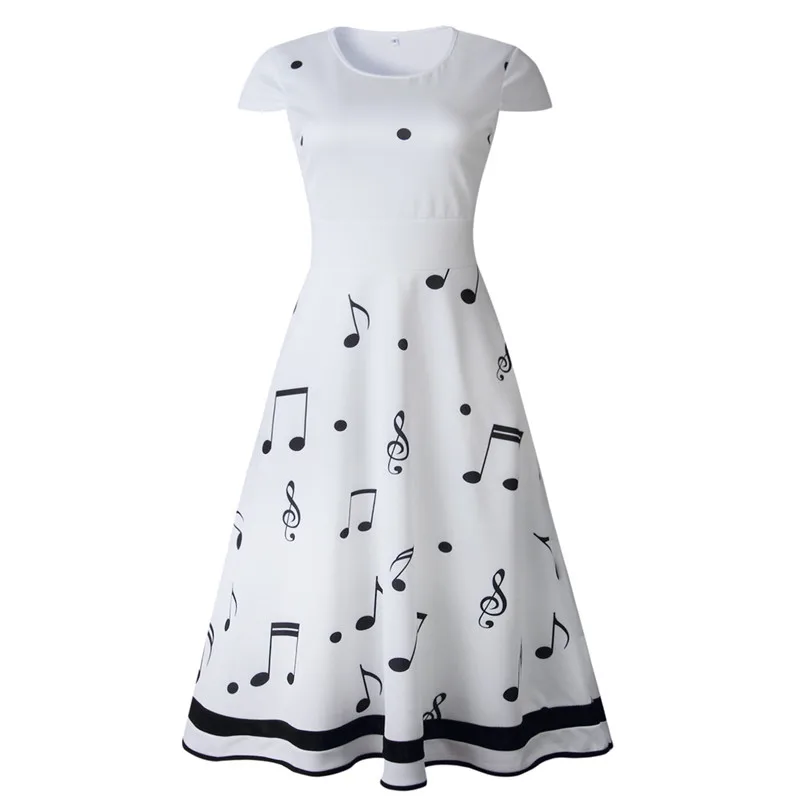 Летнее женское платье с принтом музыкальной ноты, без рукавов, с круглым вырезом, вечернее платье, модное новое платье с круглым вырезом, Vestido - Цвет: White
