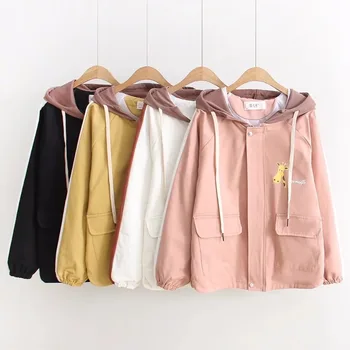 

Casual cartoon print hooded loose jacket women cotton long sleeve 4colors 2018 spring new arrivals