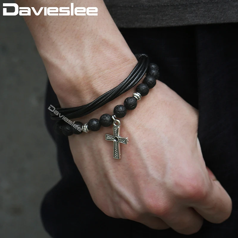 Davieslee мужской кожаный браслет из нержавеющей стали подвеска-талисман в виде креста лавы из бисера на цепочке для пряжки браслет для мужчин DDLB73