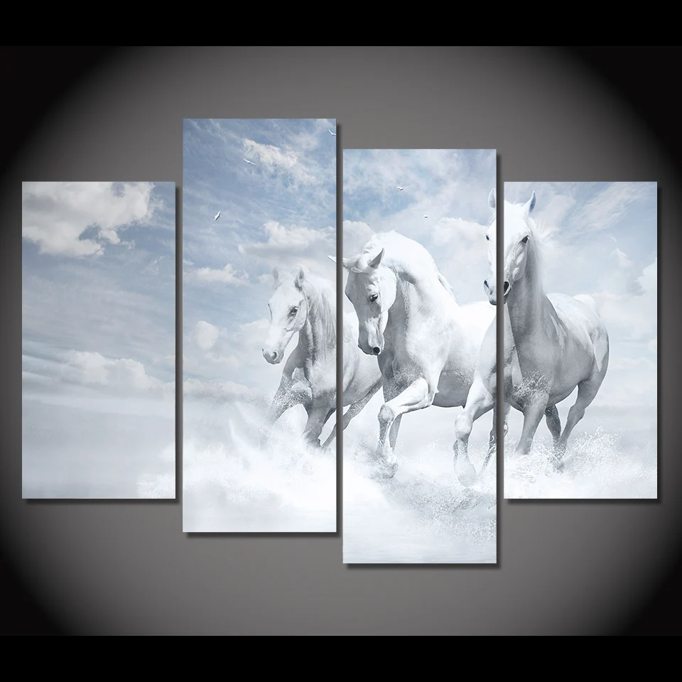 4 Piece Framed HD Printed Canvas Painting White Horses Running Wall Art