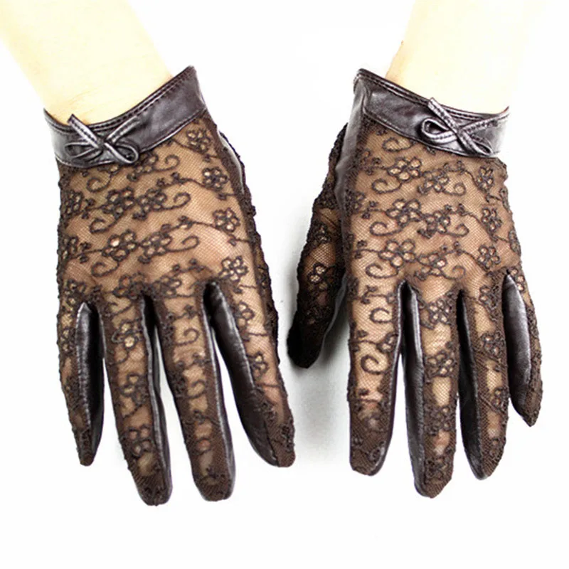 

Leather Gloves Women Fashion Embroidered Lace Sheepskin Touch screen Gloves No lining Bow Style Outdoor Driving Gloves