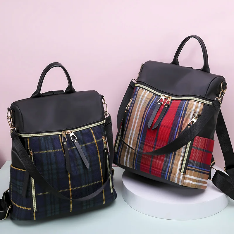 black Backpack for Women tartan Casual work School Waterproof Rucksack